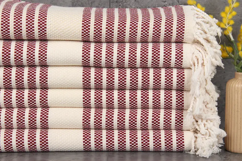 Turkish Beach Towel Burgundy Stripes, Organic Cotton, 40x71 Inches