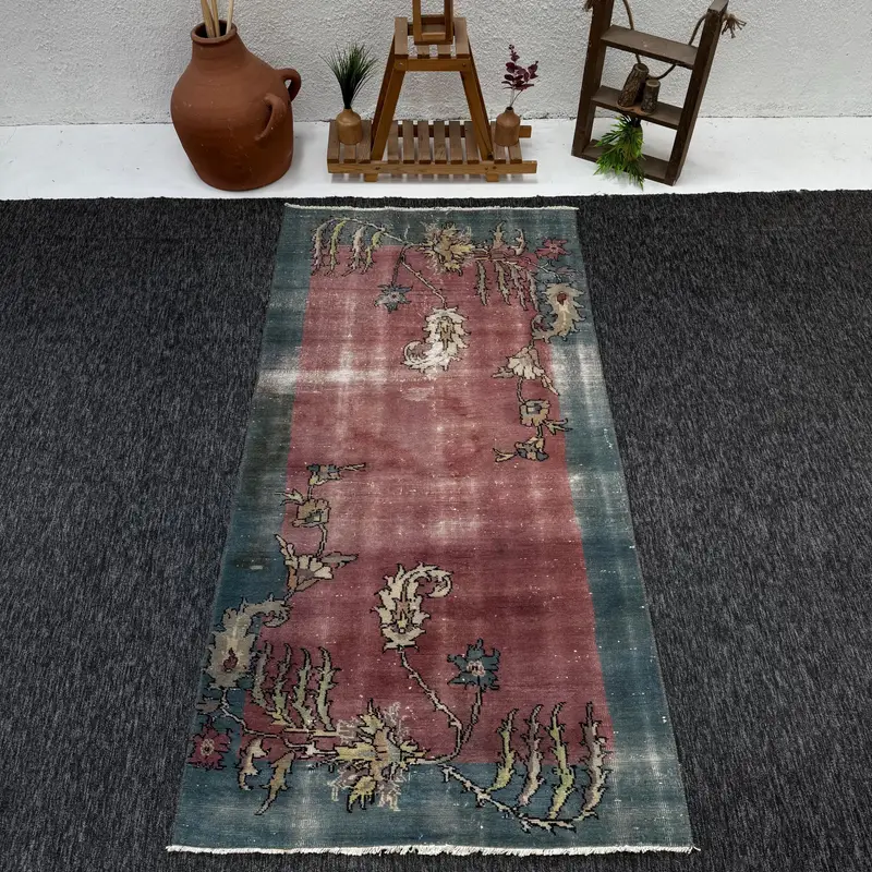 Turkish Vintage Rug, 3.5x6.9 ft Small Rug, Rainbow Oushak Floral Rug - 1
