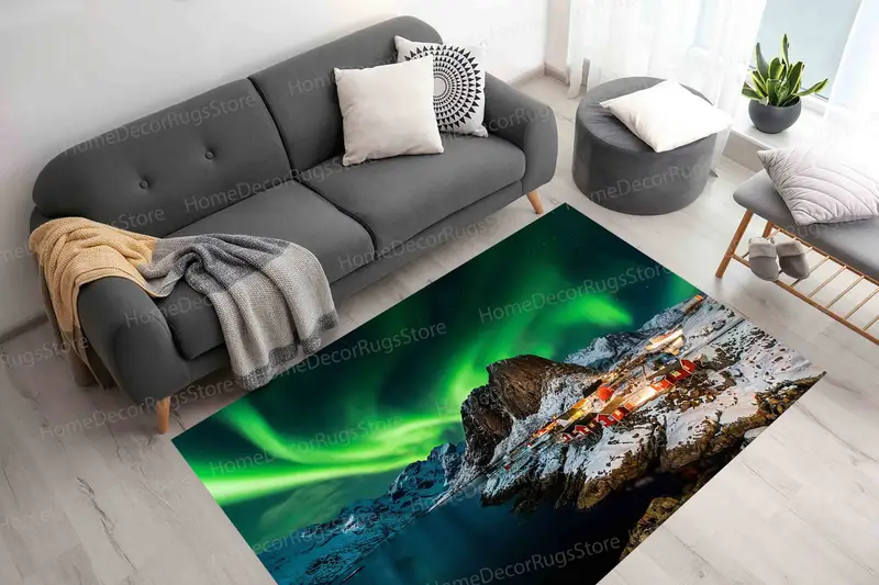 オーロラ プリント ラグ: ロフォーテン諸島、ノルウェーの空の風景