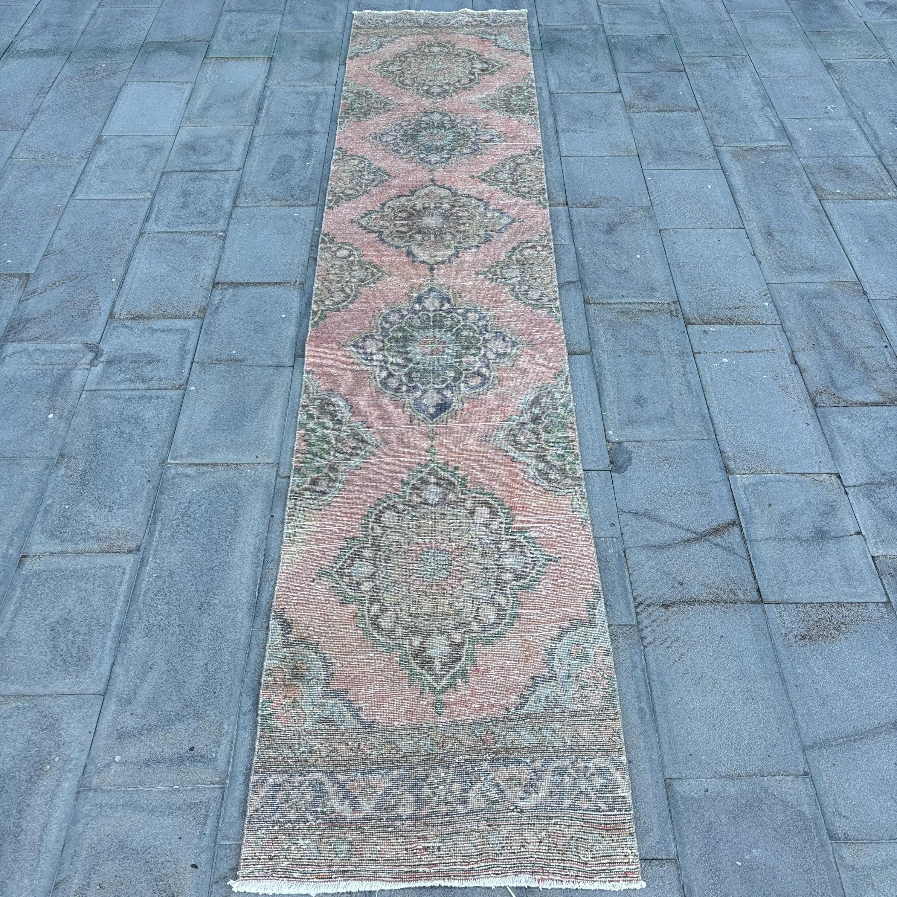 Turkish 2.6x13 ft Rug, Vintage Runner Rug, Red Polka dot Rug - 1