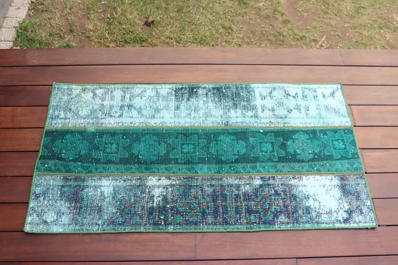 1.9x3.6 ft Oushak Rug, Turkish Vintage Rug, Green Blue Bordered Rug - 1