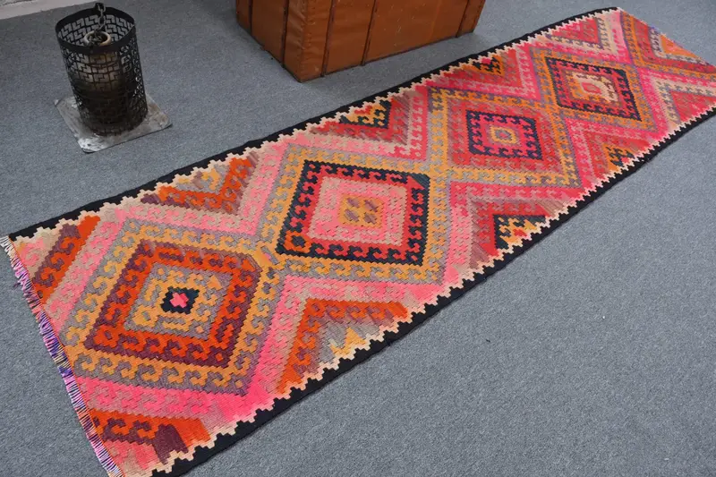 Alfombra turca vintage de 2,9x10,3 pies, alfombra de lana con estampado animal rojo Oushak - 1