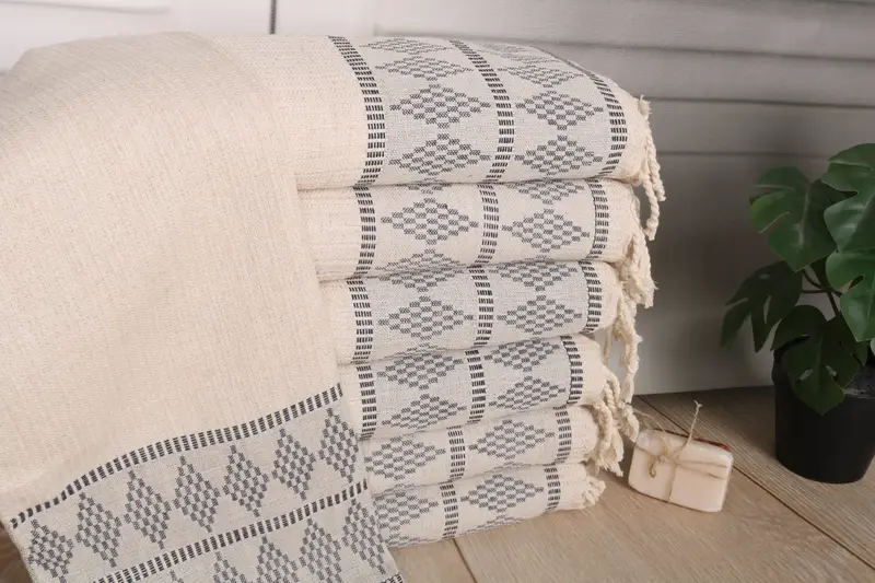 Wedding Gift 20x40 Navy Linen Hand Towel, Custom Kilim Design Tea Towel