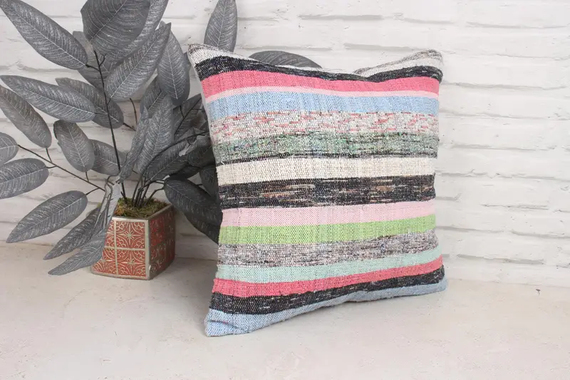 Nautical Throw Pillow, Armchair Cushion Cover, Kilim Cushion Sham, Vintage Kilim Pillow, 18x18 Pink Pillow, Cushion Cover, Ethnical Kilim Rug Pillow - 4