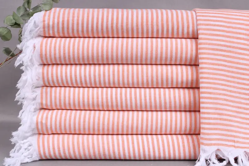 Turkish Beach Towel Orange Striped, Handmade Organic Cotton, 40x63 Inches