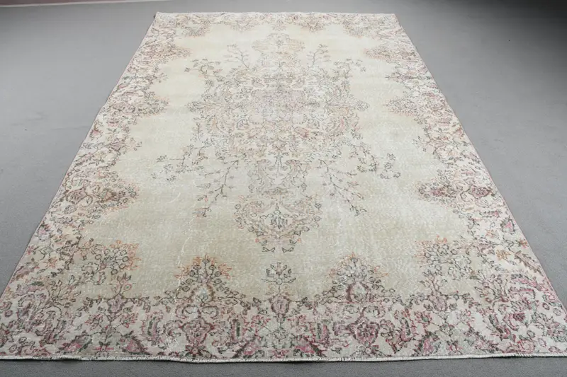 6.6x9.9 ft Büyük Vintage Halı, Beyaz Çizgili Türk Halısı - 1