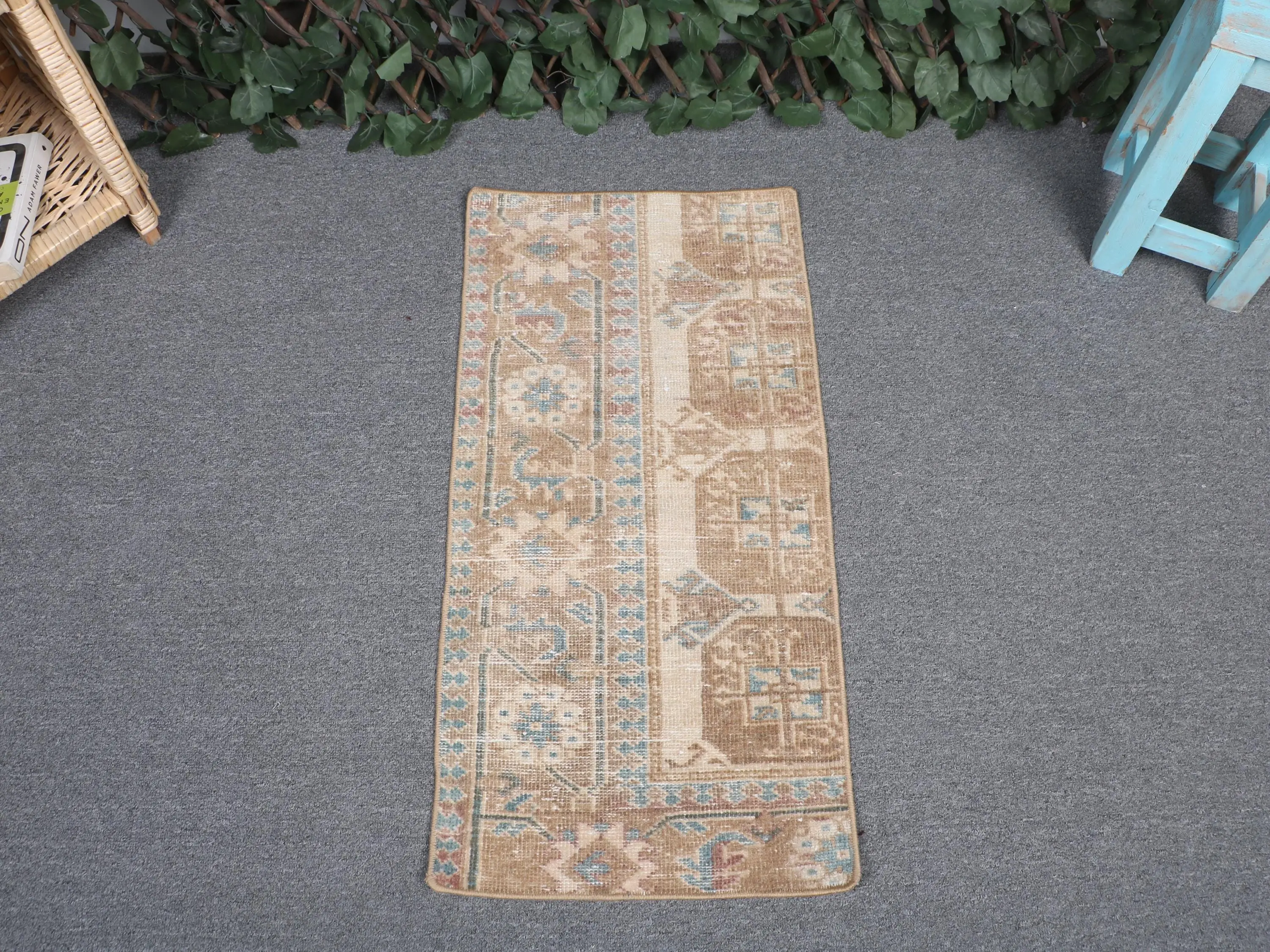 Turkish Rug 1.3x2.7 ft, Brown Blue Animal Print Wool Vintage Rug - 1