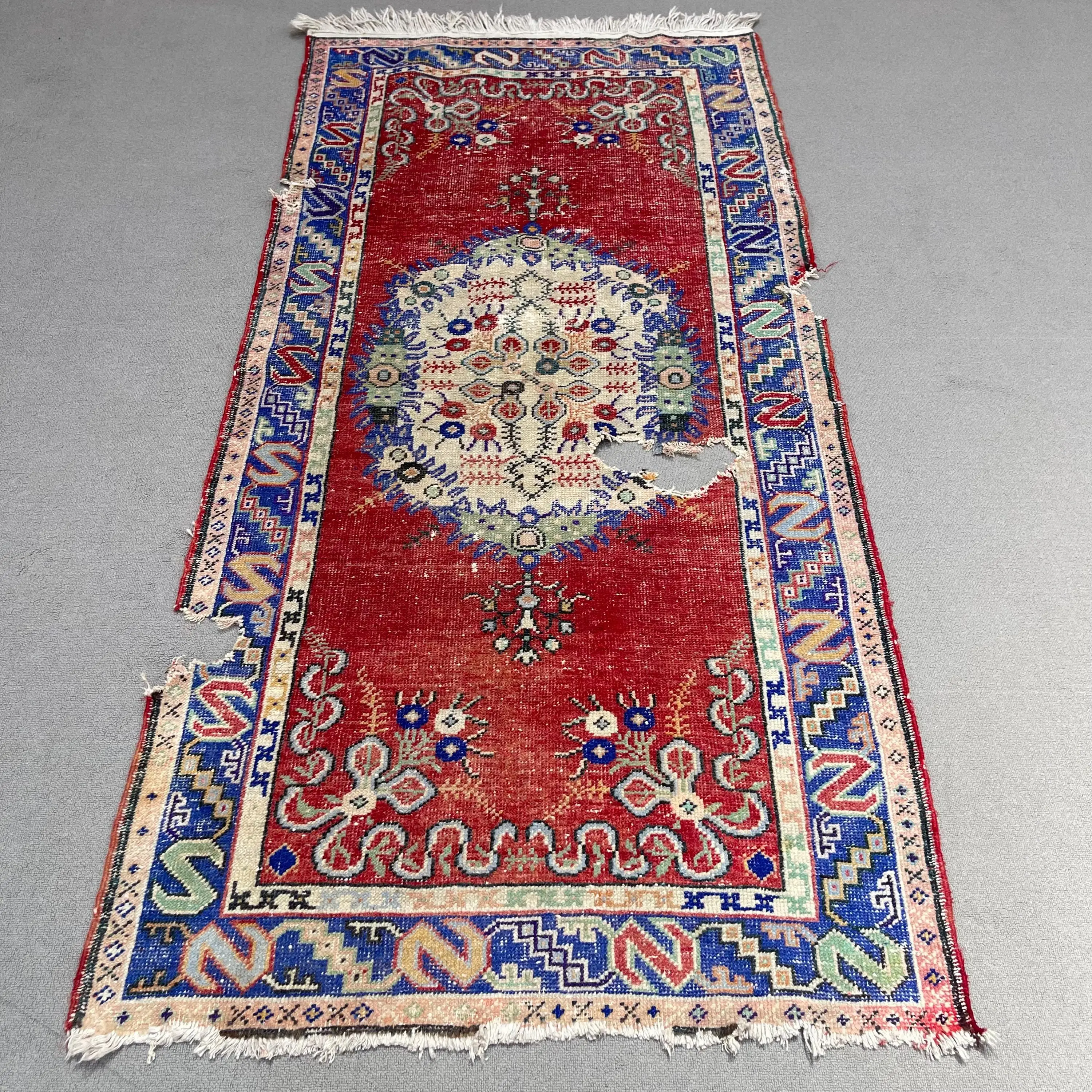 Alfombra decorativa vintage 3,3x6,9 pies (101x209 cm), alfombra turca abstracta roja - 1