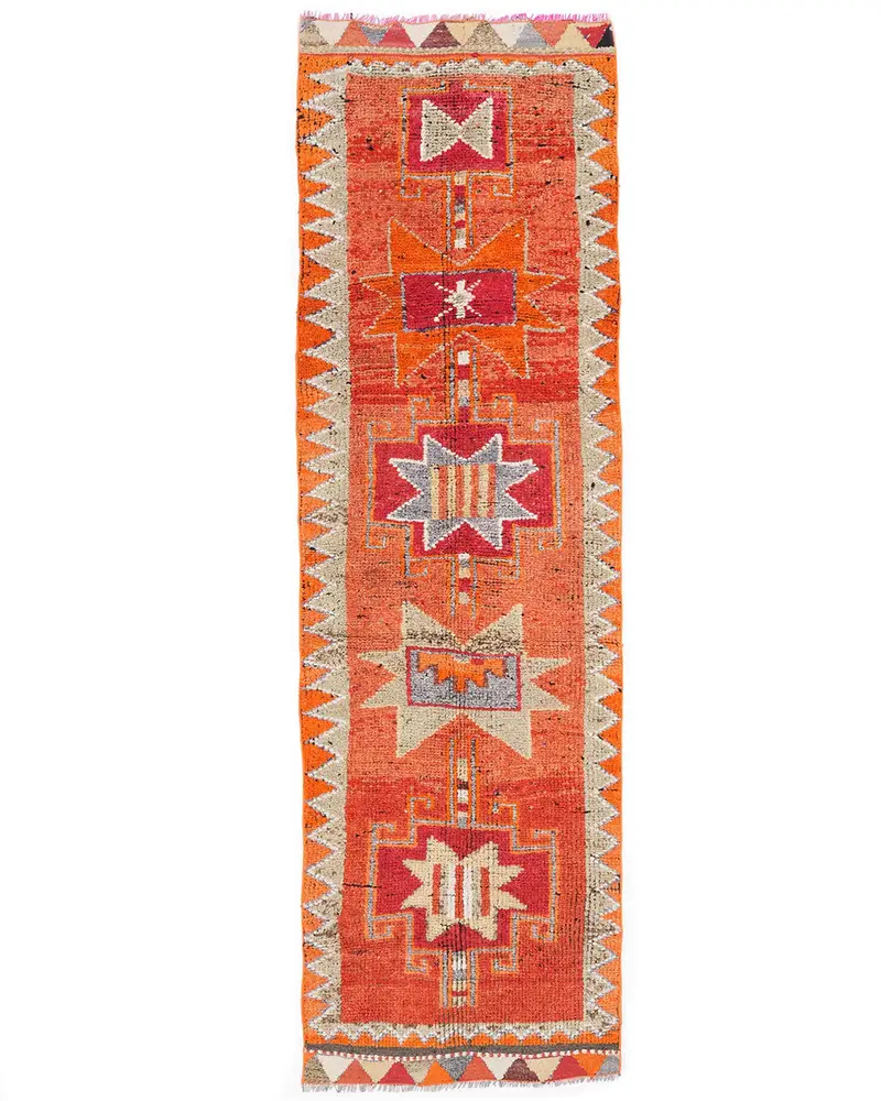 鮮やかなオレンジのラグ、2.8x9.1フィートのオリエンタルデザイン