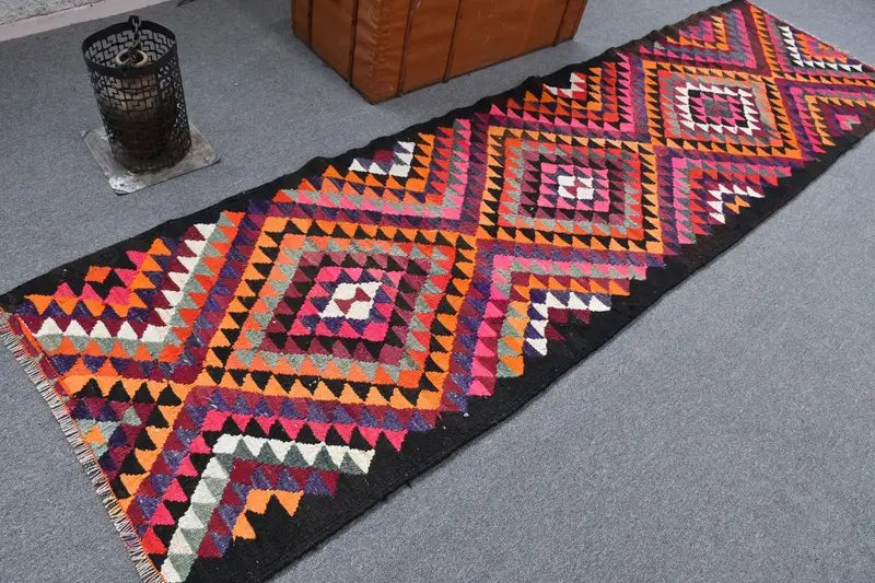 Vintage Läuferteppich 3x11 Fuß, türkischer Oushak-Teppich aus roter Ikat-Wolle - 1
