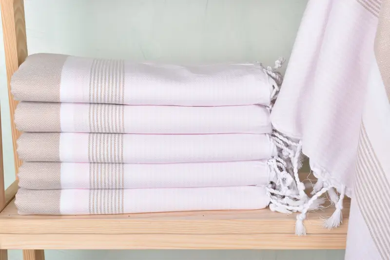 Turkish Beach Towel Personalized Beige-Pink Stripes, Organic Cotton/Linen, 40x67 Inches