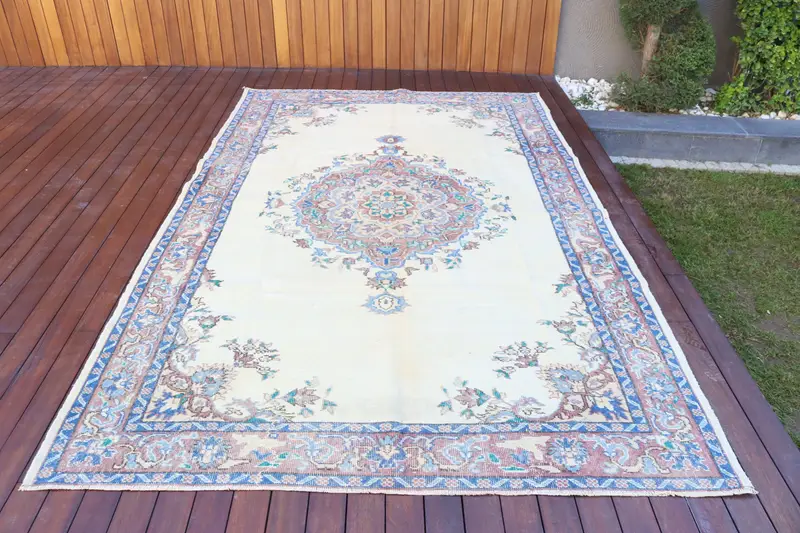 Türk Büyük Halı 6x9.6 ft, Mavi Çizgili Vintage Yün Halı - 1