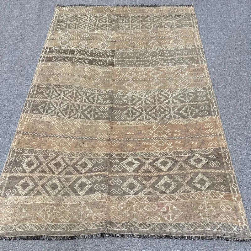 4.2x6.4 ft Kilim Türk Halısı, Kahverengi Kareli Vintage Halı Yün - 1