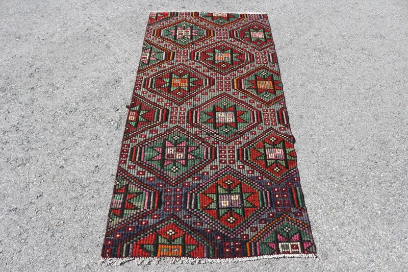 2.7x5.8 ft Turkish Rug, Vintage Accent Rug, Red Green Solid Wool Rug - 1