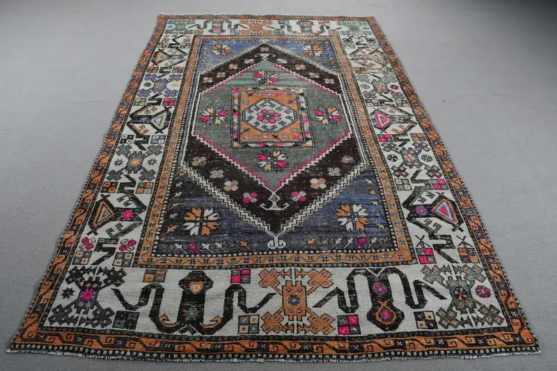 5.3x8.6 ft Halı, Vintage Türk Halısı, Oushak Mavi Çiçekli Halı - 1