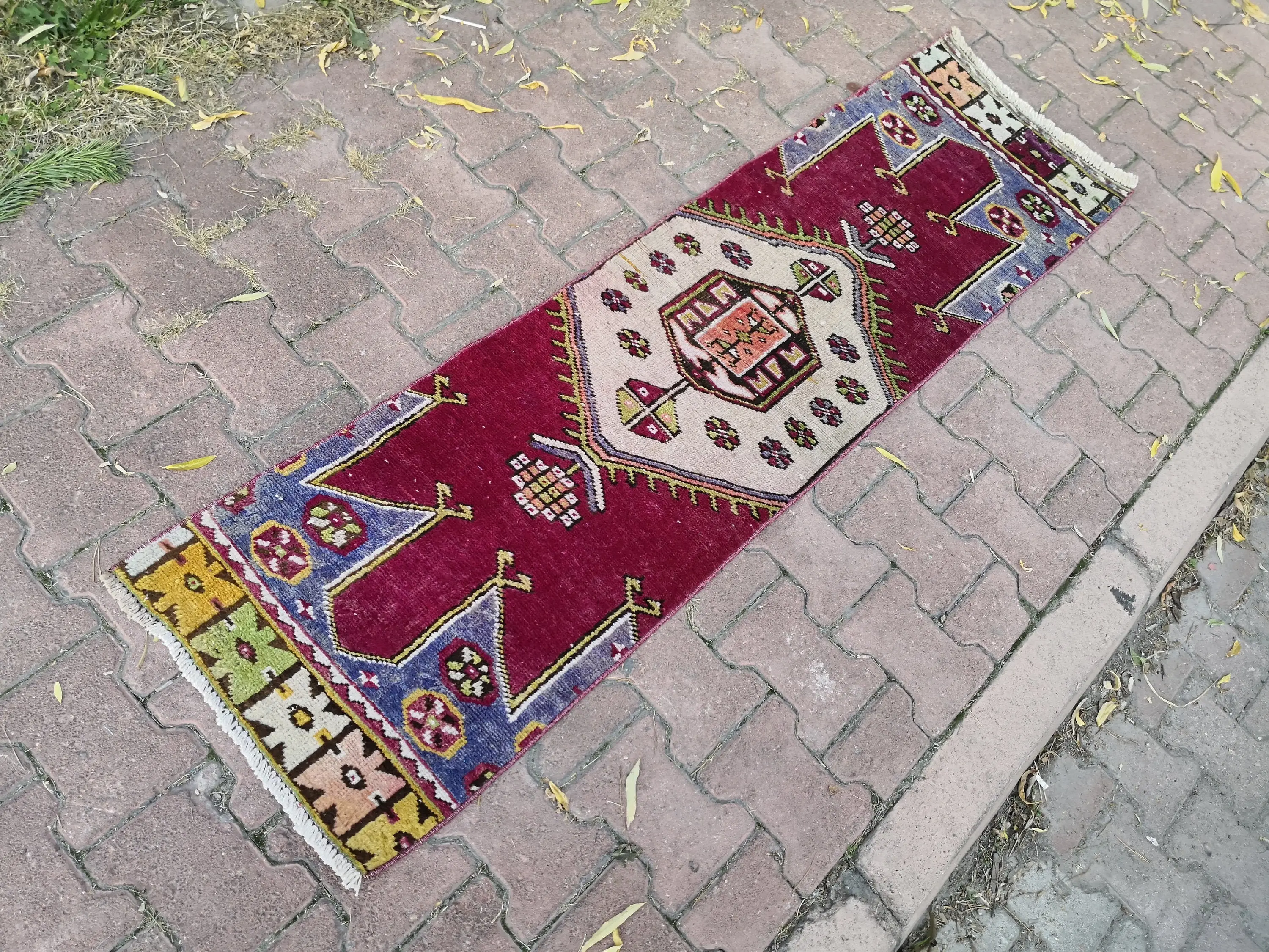 Turkish Vintage Rug 1.6x6 ft (49x182 cm), Red Blue Oriental Rug - 1