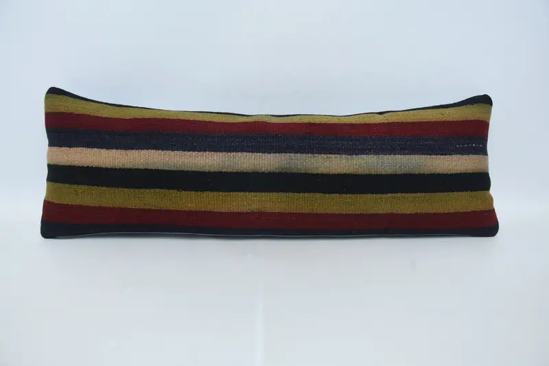 Handwoven Vintage Red Pillowcase, Moroccan 12x36 inch Striped Rectangle Cushion Cover - 1