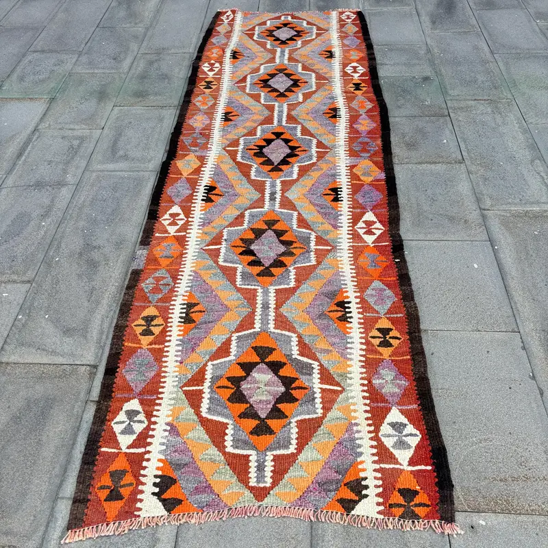 Turuncu ve Mor Halı, 3x9,2 ft Bordürlü Tasarım