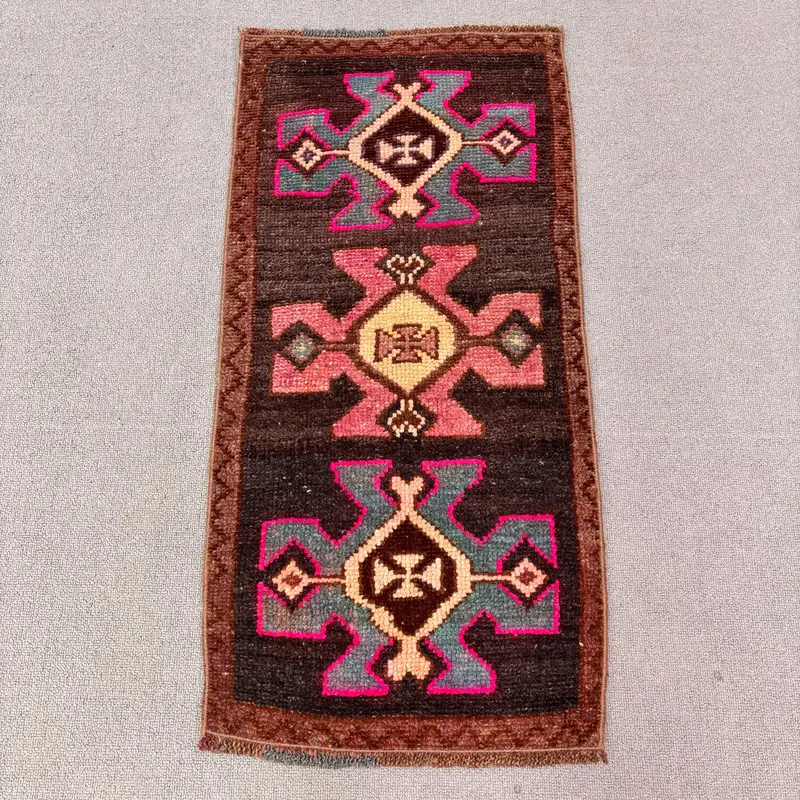 ブラウン & ブルー ラグ、幾何学模様の花モチーフ 0.1x2.8 フィート