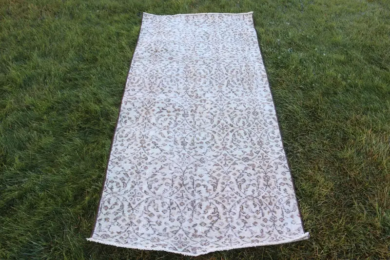 Türk Vintage Halısı 3x6,4 ft (90x194 cm), Oushak Beyaz Yün Halı - 1