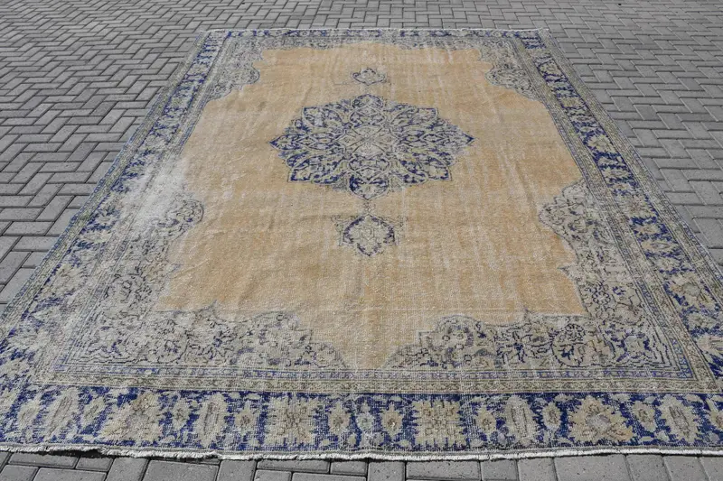 Türk 8.7x11.5 ft Büyük Boy Halı, Vintage Halı, Oushak Mavi Kamuflaj Halı - 1