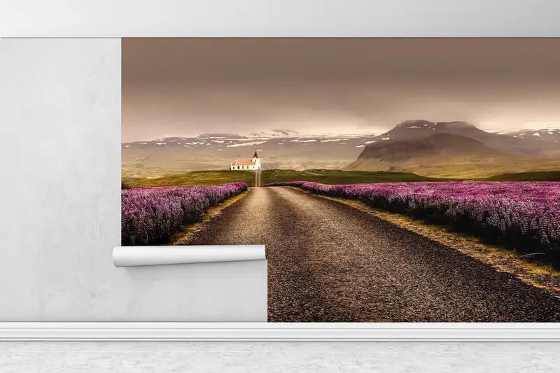 Rainy Day Wall Poster, Cloudy Weather Wall Poster, Flowers Field Road Wall Decor, Pink Flowers Wall Painting, Roadside Wall Decor, - 5