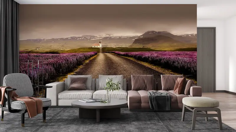 Rainy Day Wall Poster, Cloudy Weather Wall Poster, Flowers Field Road Wall Decor, Pink Flowers Wall Painting, Roadside Wall Decor, - 7