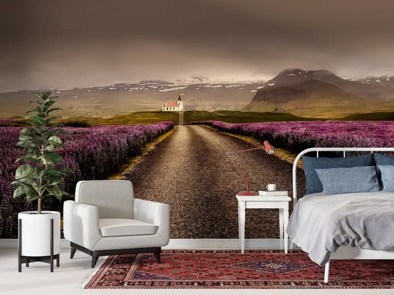 Rainy Day Wall Poster, Cloudy Weather Wall Poster, Flowers Field Road Wall Decor, Pink Flowers Wall Painting, Roadside Wall Decor, - 8