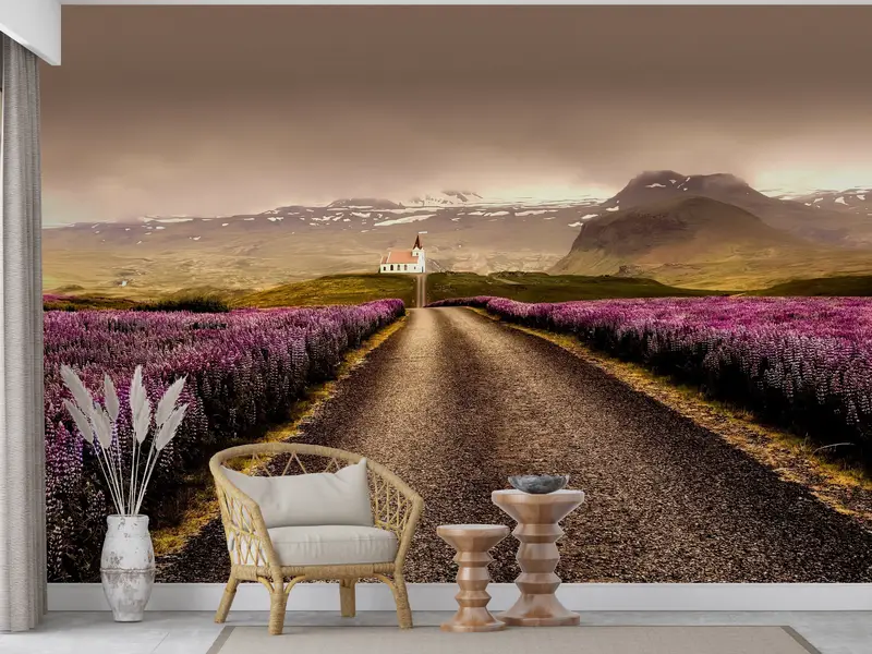 Rainy Day Wall Poster, Cloudy Weather Wall Poster, Flowers Field Road Wall Decor, Pink Flowers Wall Painting, Roadside Wall Decor, - 3
