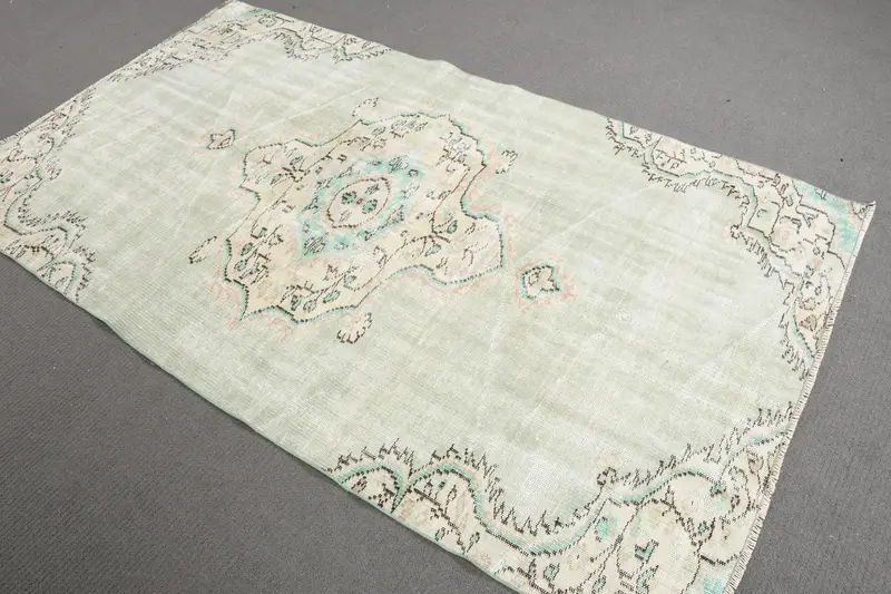 Turkish Rug, 4x7.3 ft Vintage Rug, Green Blue Floral Wool Rug - 1