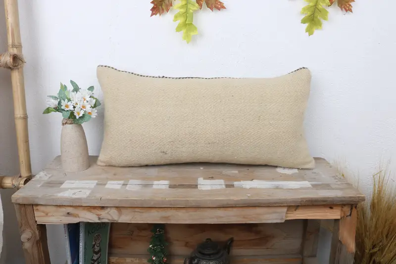 Turkish Kilim Pillow, Pillow Cover, Boho Pillow Sham Cover, Muted Cushion Case, Boho Pillow, Indoor Pillow Case, 12x24 Beige Pillow - 1