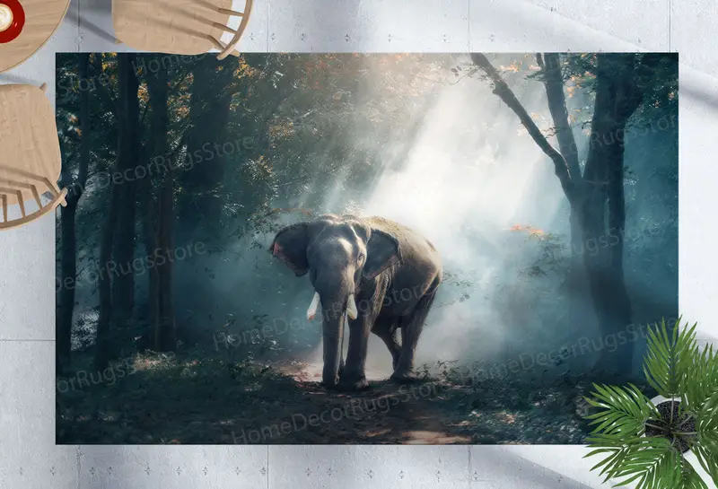 エレガントなプリントラグ: ジャングルの風景の中の野生の象