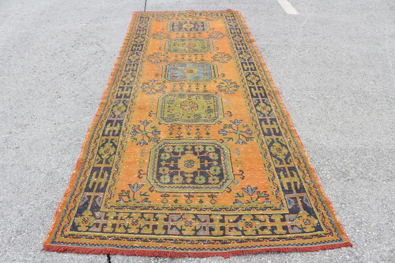 4.7x11.4 ft Turkish Rug, Vintage Large Rug, Orange Blue Moroccan Rug - 1
