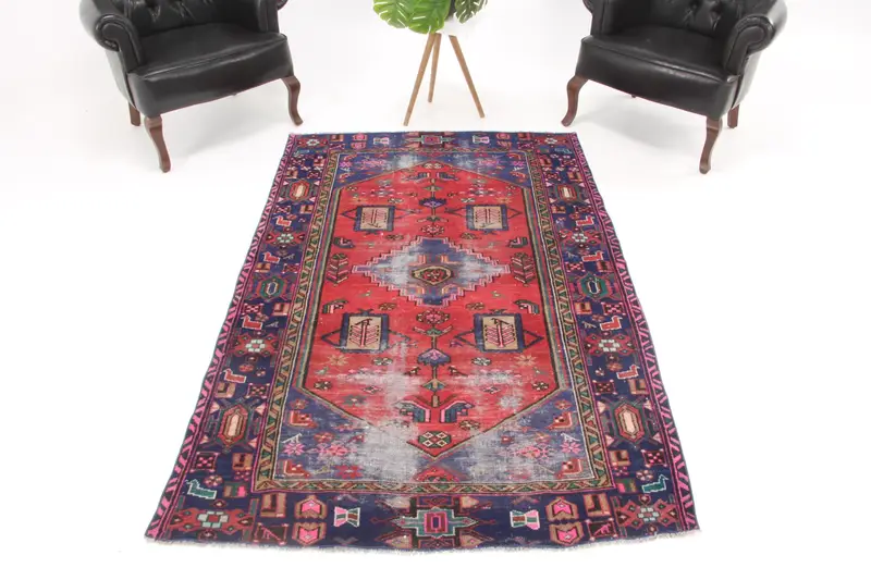 Turkish Area Rug, 4.5x7 ft Vintage Rug, Red Bordered Wool Rug - 1