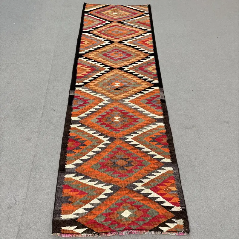 Turkish Runner Rug, 3x9.6 ft Vintage Rug, Orange Striped Wool Rug - 1