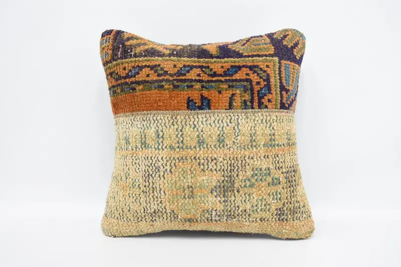 Bej & Turuncu Nakışlı Kırlent, 16x16 El Yapımı Kırlent