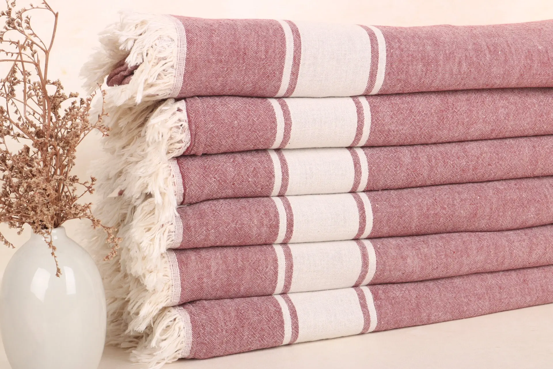 Burgundy Cotton Throw Custom Striped Plaid Blanket, 60x71 Inches - 1