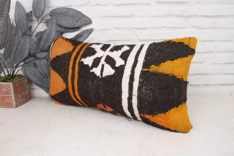Authentic Pillow Cover, Living Room Throw Pillow Sham, Antique Pillows, Pillow Cover, Turkish Pillow, 12x24 Orange Cushion, Turkish Kilim Pillow - 4