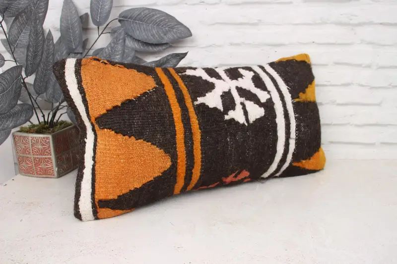 Authentic Pillow Cover, Living Room Throw Pillow Sham, Antique Pillows, Pillow Cover, Turkish Pillow, 12x24 Orange Cushion, Turkish Kilim Pillow - 3