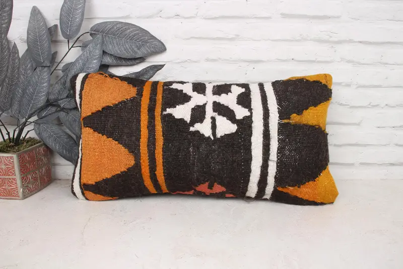 Authentic Pillow Cover, Living Room Throw Pillow Sham, Antique Pillows, Pillow Cover, Turkish Pillow, 12x24 Orange Cushion, Turkish Kilim Pillow - 1