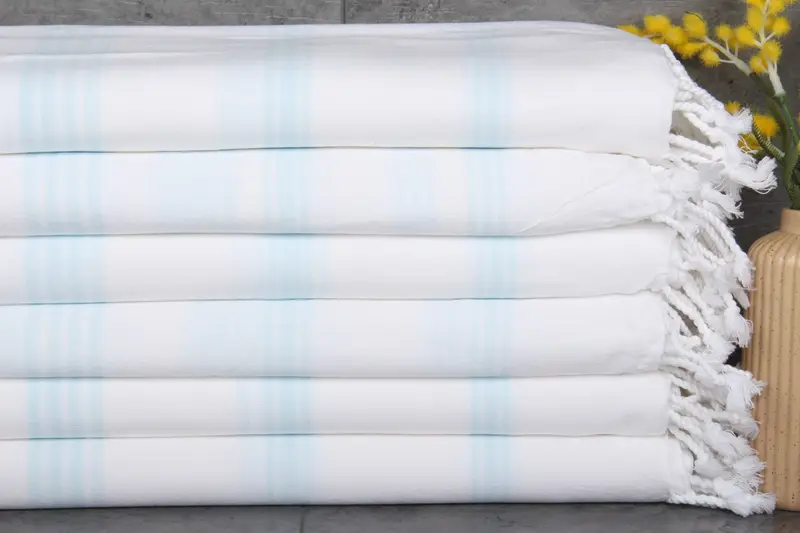 Beach Towel Monogrammed Turkish Organic Cotton White-Baby Blue Stripes, 36x71 Inches
