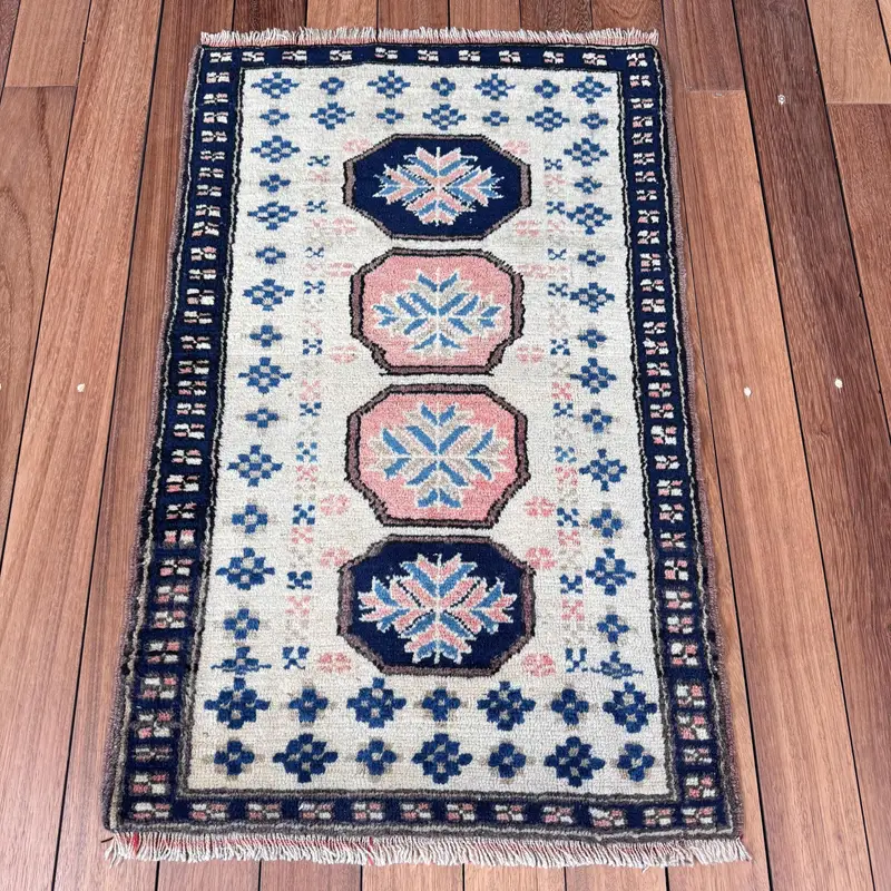 Vintage Oushak Teppich 1,9x3 ft (57x90 cm), blauer abstrakter türkischer Teppich - 1
