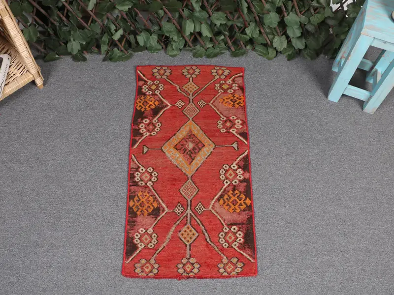 Red, Brown Patchwork Rug, 1,3x2,7 ft Chic Decor