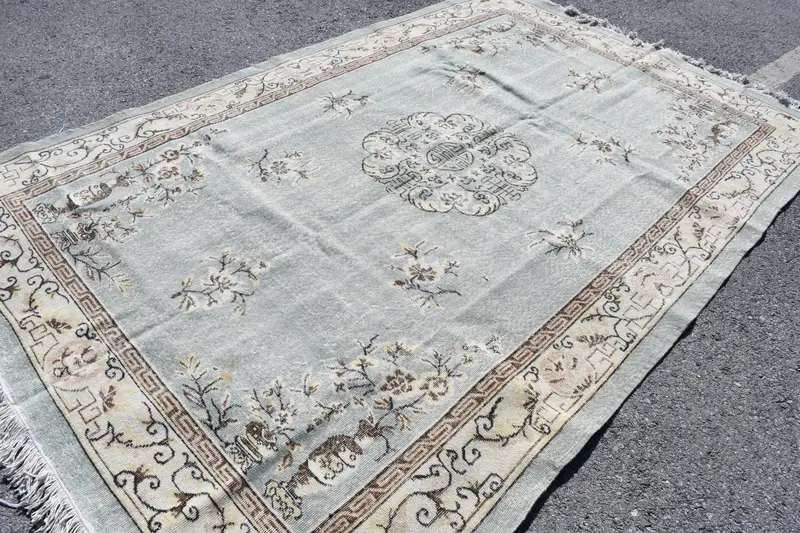Türk 6.7x10.4 ft Halı, Büyük Vintage Halı, Gri Puantiyeli Yün Halı - 1