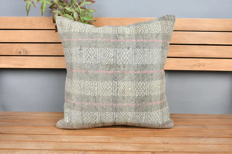 Home Decor Pillow, Tribal Cushion Case, Pillow Sham, Bright Cushion Case, Kilim Pillow Cover, Vintage Pillow, 20x20 Gray Pillow Cover - 6