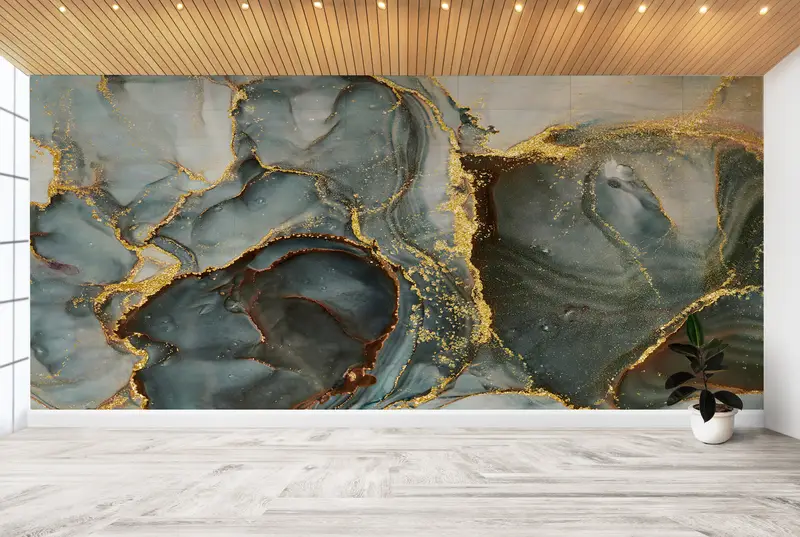 Lüks Mermer Baskılı Duvar Kağıdı: Yeşil, Altın, Çağdaş Zarafet