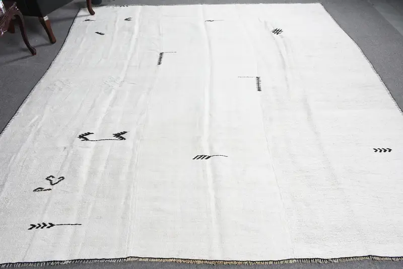 Alfombra vintage de 8,8x9,7 pies, alfombra turca de gran tamaño, alfombra de plantas y árboles blancos y negros - 1