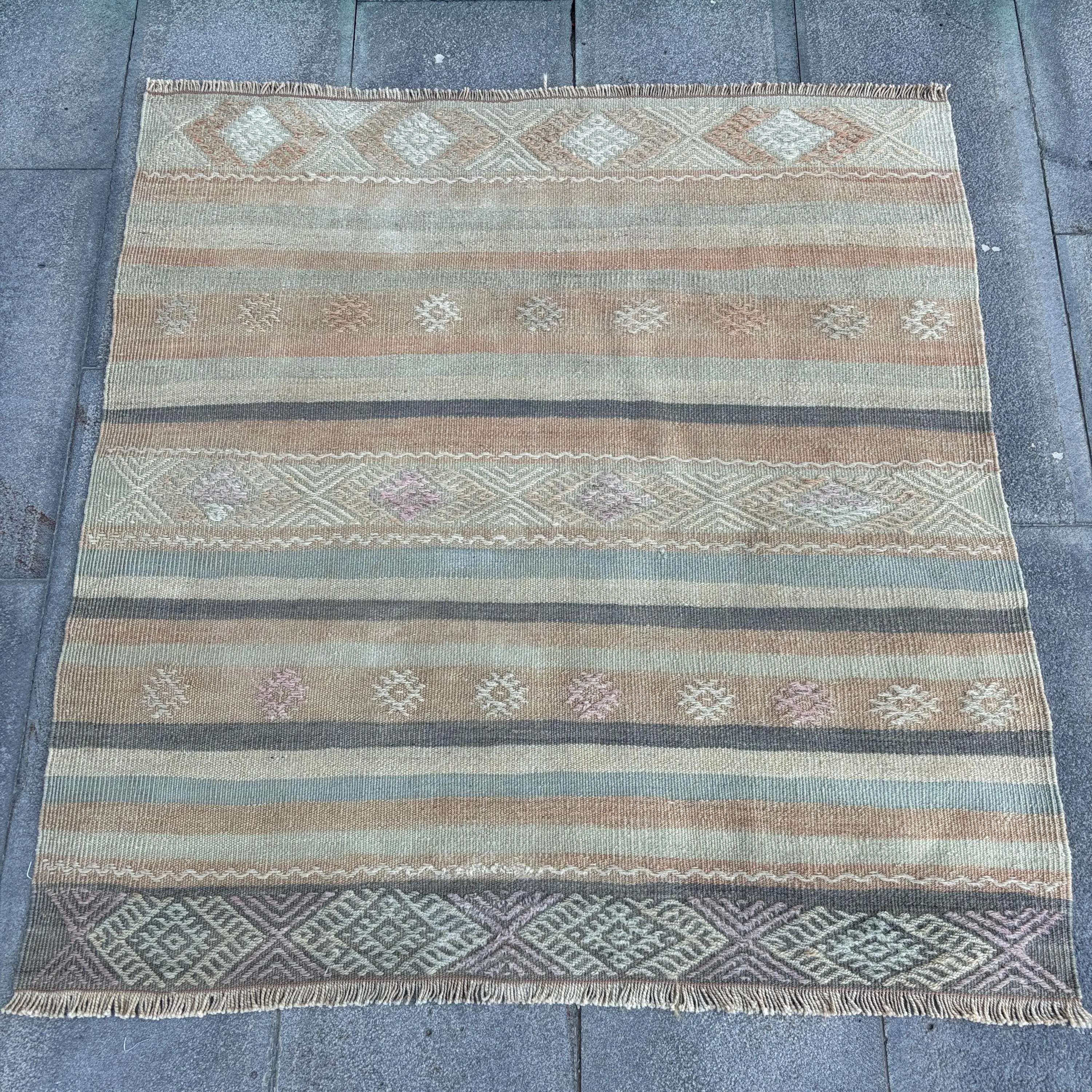 Turkish Vintage Rug 3.5x3.6 ft, Brown Striped Wool Rug - 1