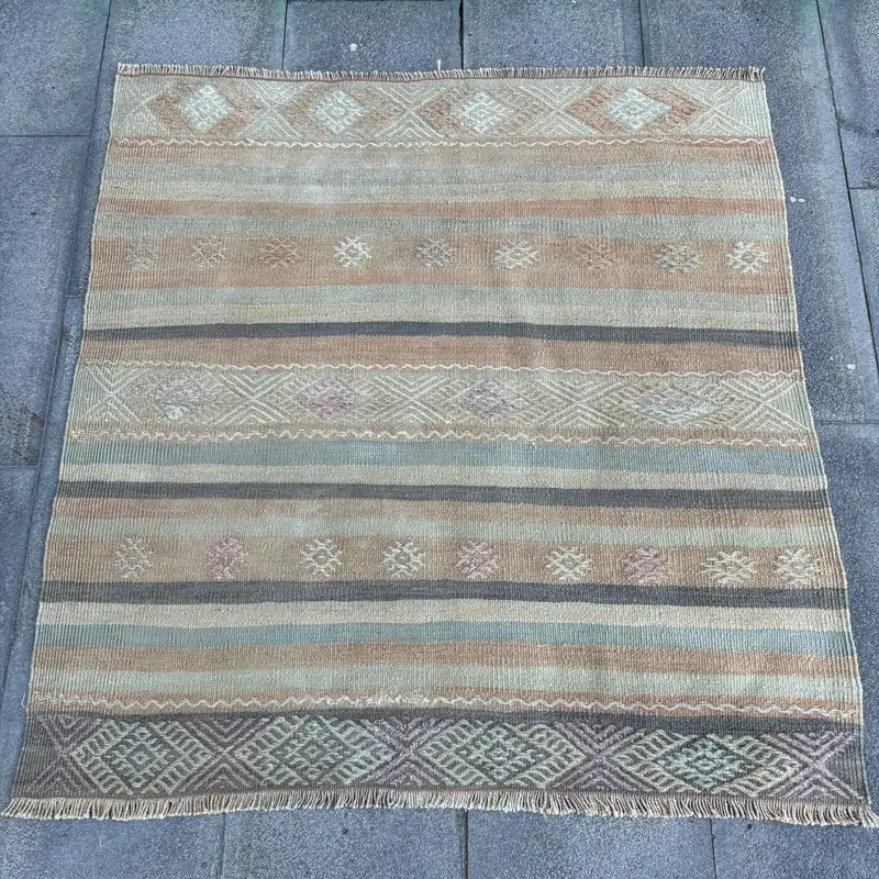 Orange & Green Rug, 3.5x3.6 ft Striped Geometric Design