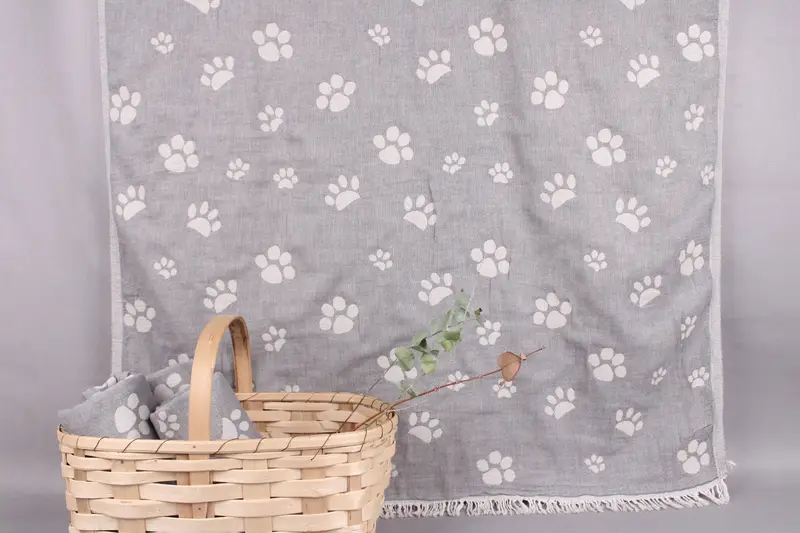 Personalized Turkish Beach Towel Dark Gray Paw Design, Beige, 36x71 Inches